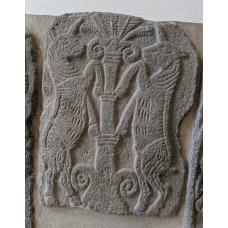 Relief slabs, Western Palace Basalt, two unicorns, spiral